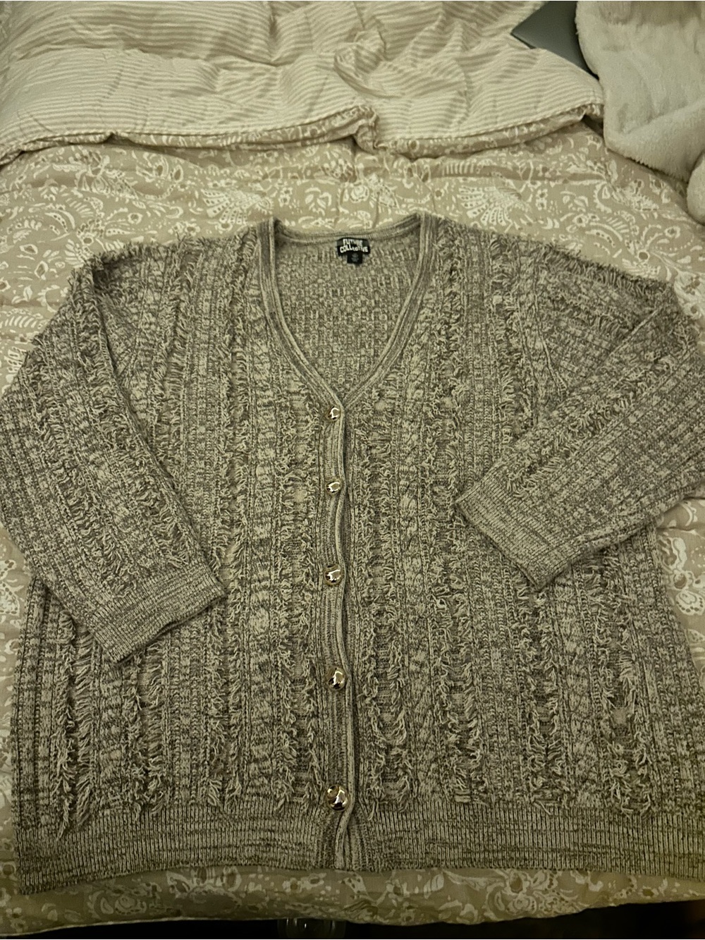 Future Collective Cozy Taupe Cable-Knit Button Cardigan